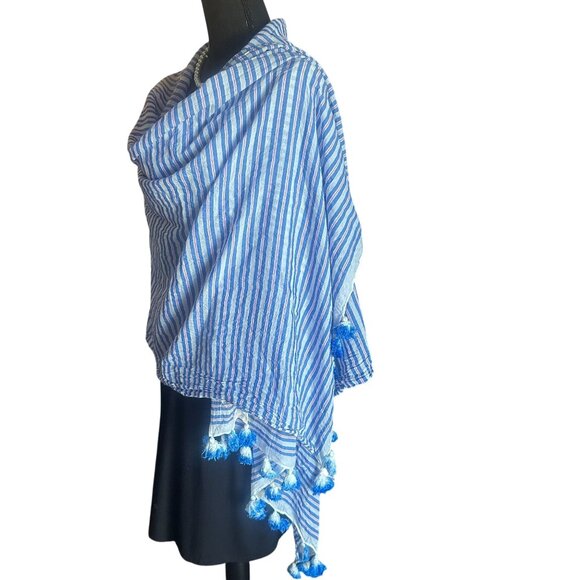 Kate Spade Candy Stripe Tassel Fringe Shawl Womens Wrap Scarf Cotton Sarong - Picture 2 of 16